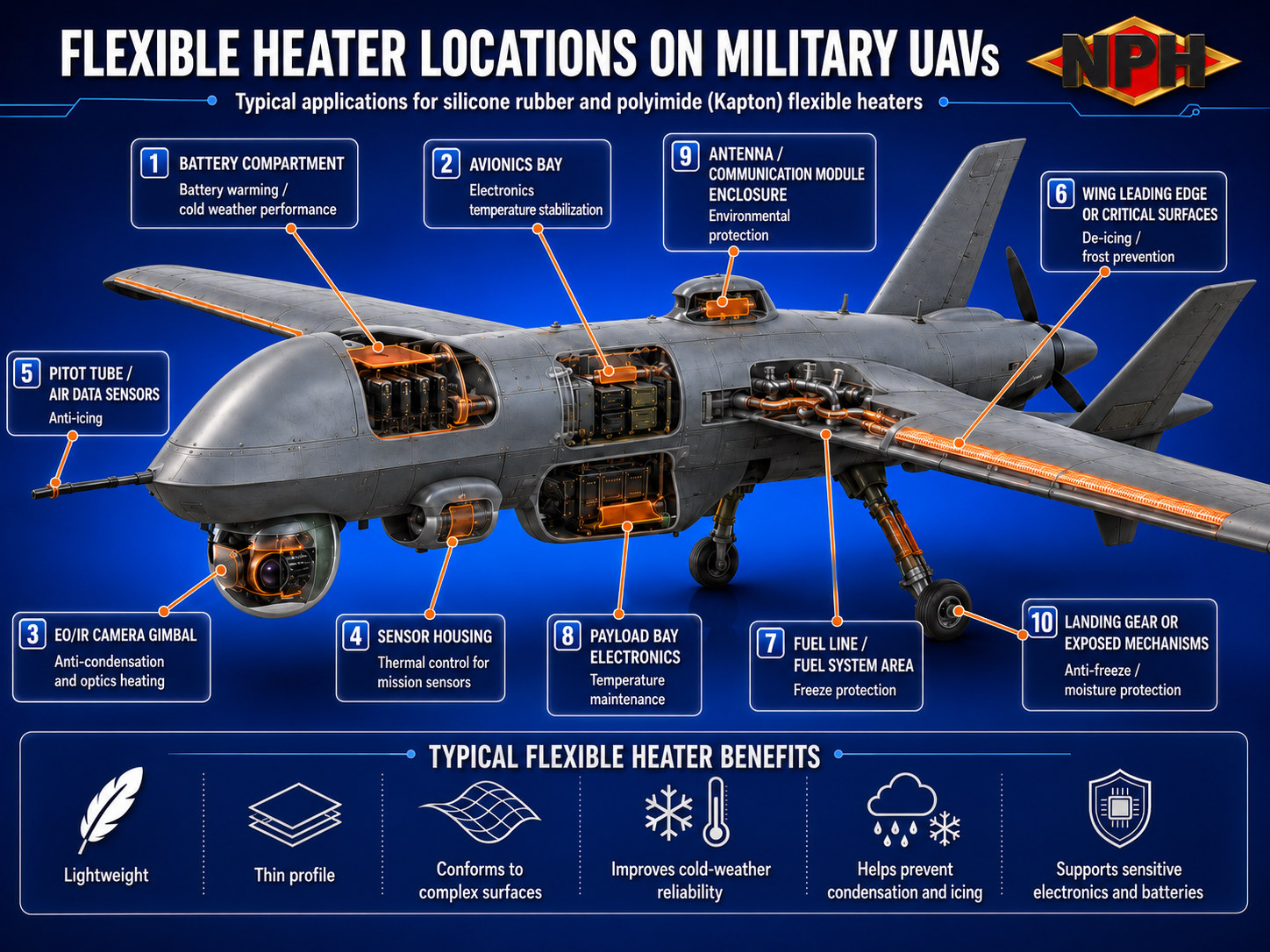 Flexible Heater Locations on Military UAVs-Drones
